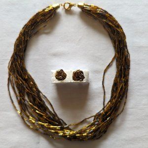 Gold Bead Necklace with pierced earrings